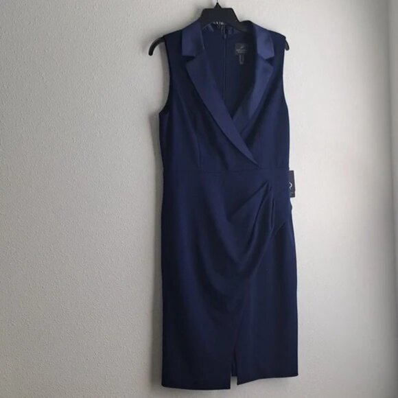 Adrianna Papell Navy Satin Wrap Front Crepe Dress Size 10 $139 - Picture 3 of 12